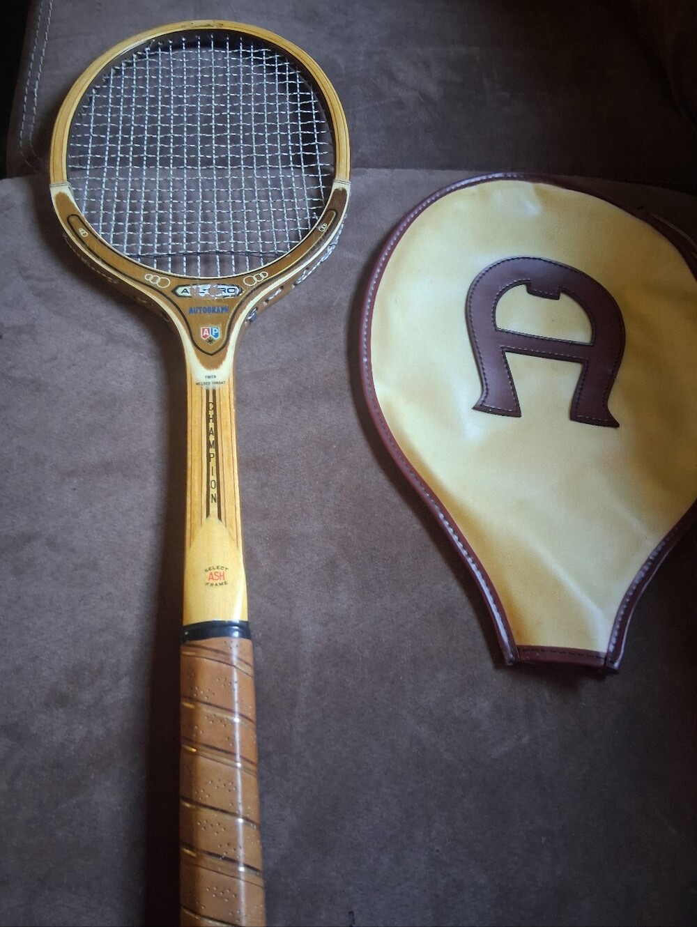 Vintage Wood Tennis Racket with Yellow Brown Cover